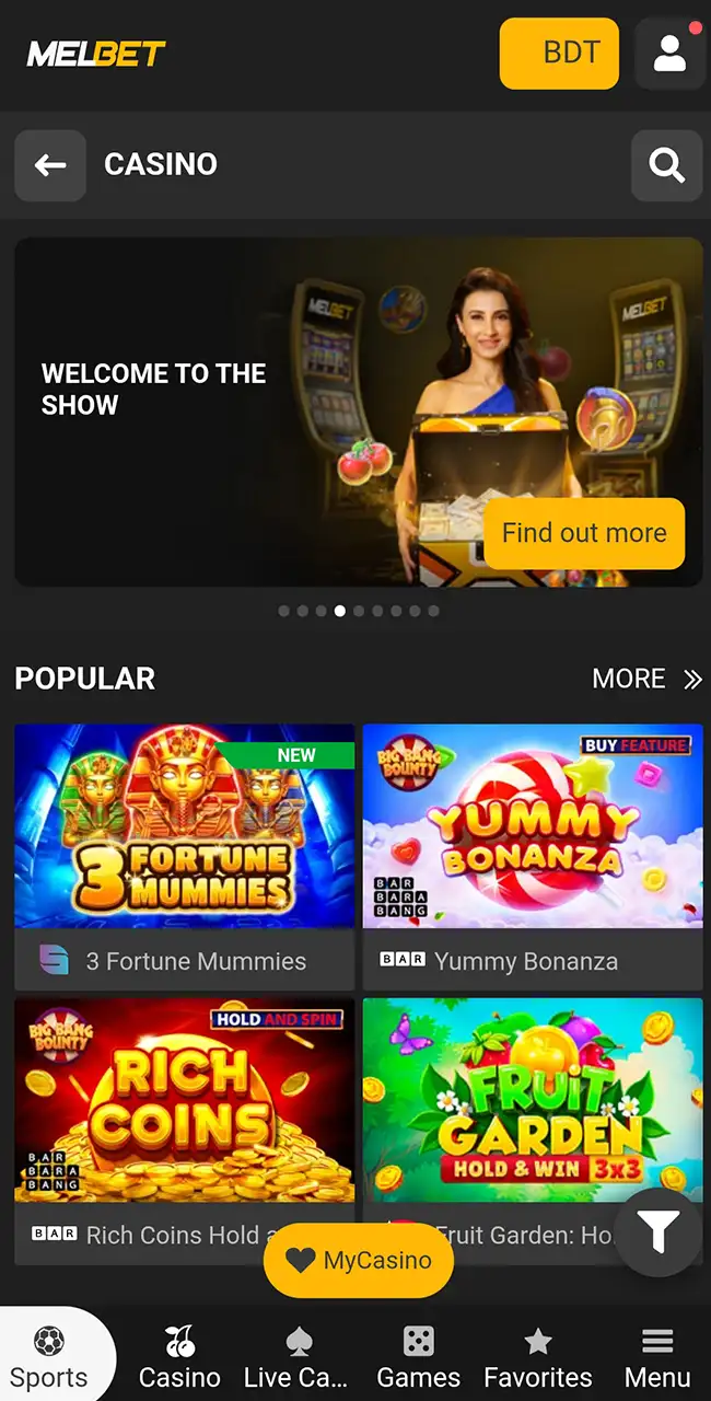 Play exciting casino games on the Melbet website.