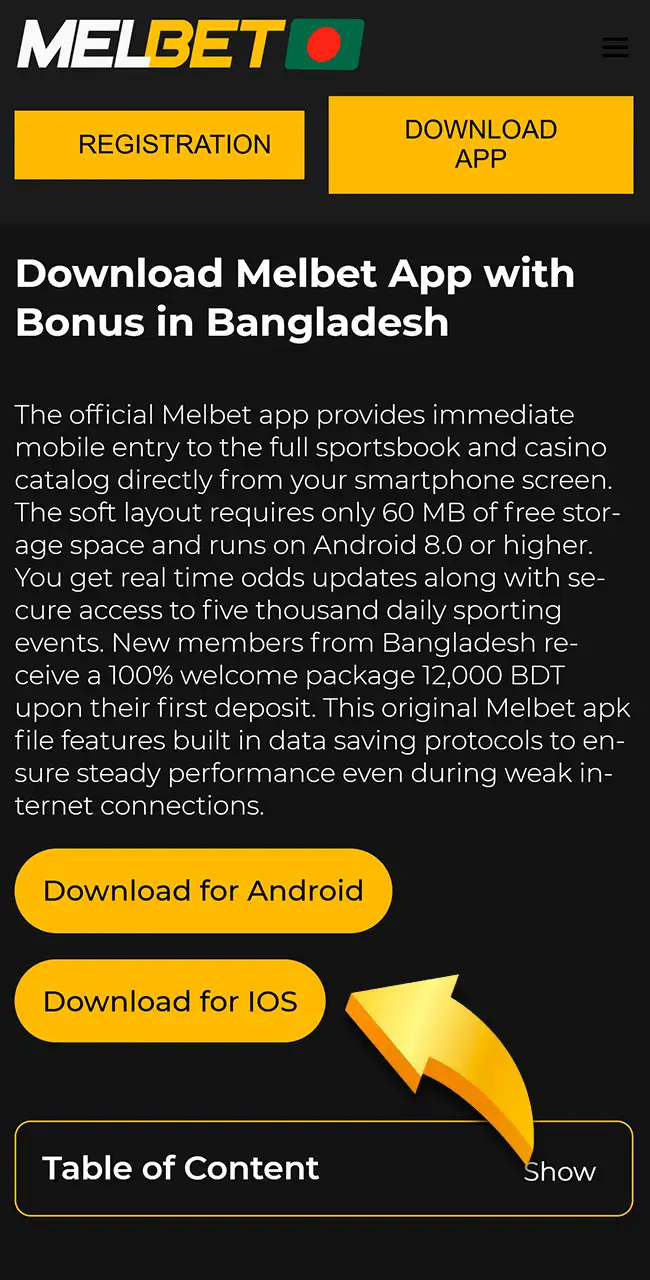 Launch Safari to visit the official Melbet website.