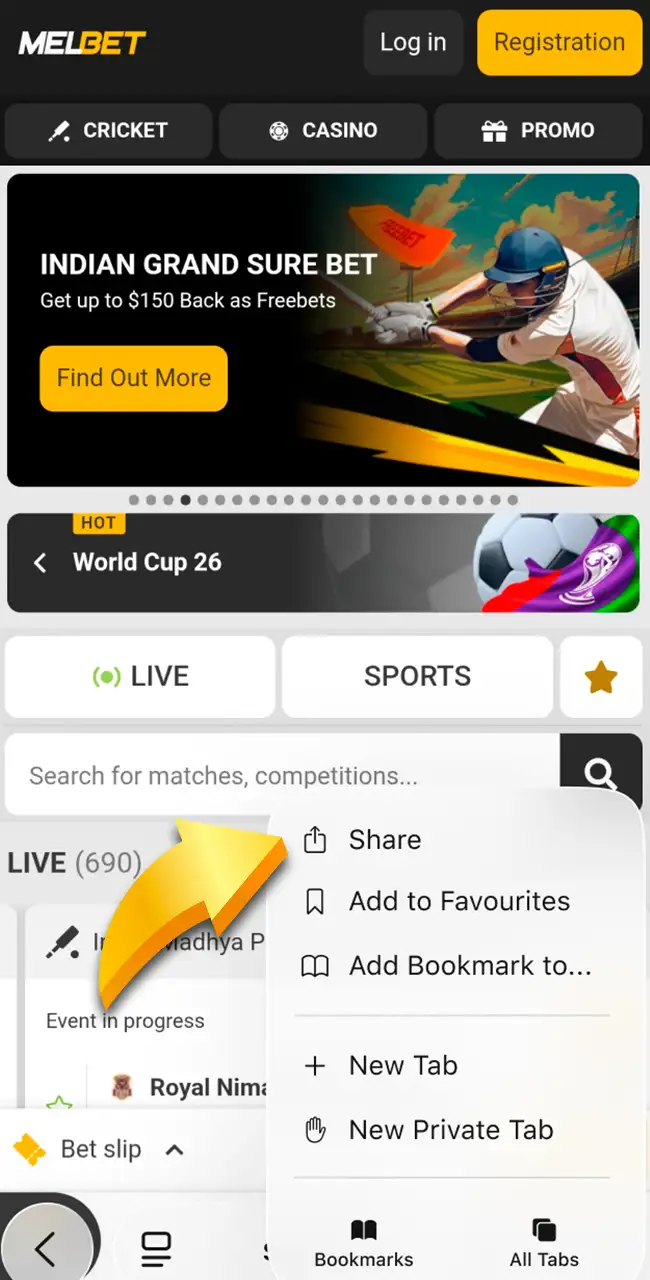 Tap share options on the official Melbet website.