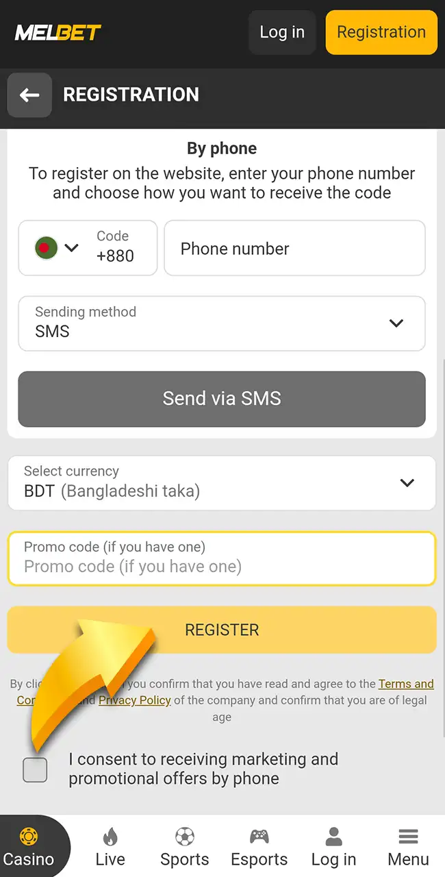 Confirm the form on the official Melbet website.