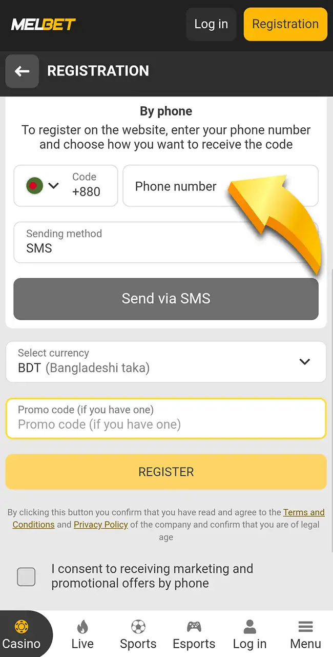Fill your details on the official Melbet website.