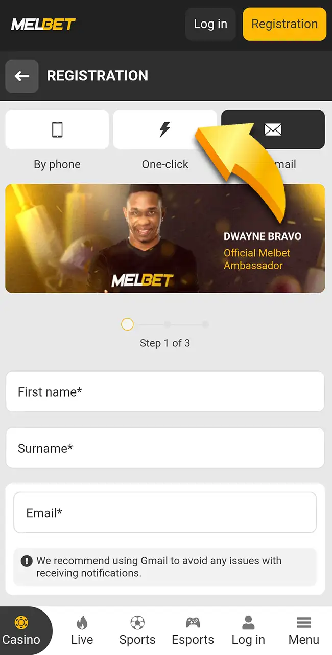 Choose one-click registration on the Melbet website.