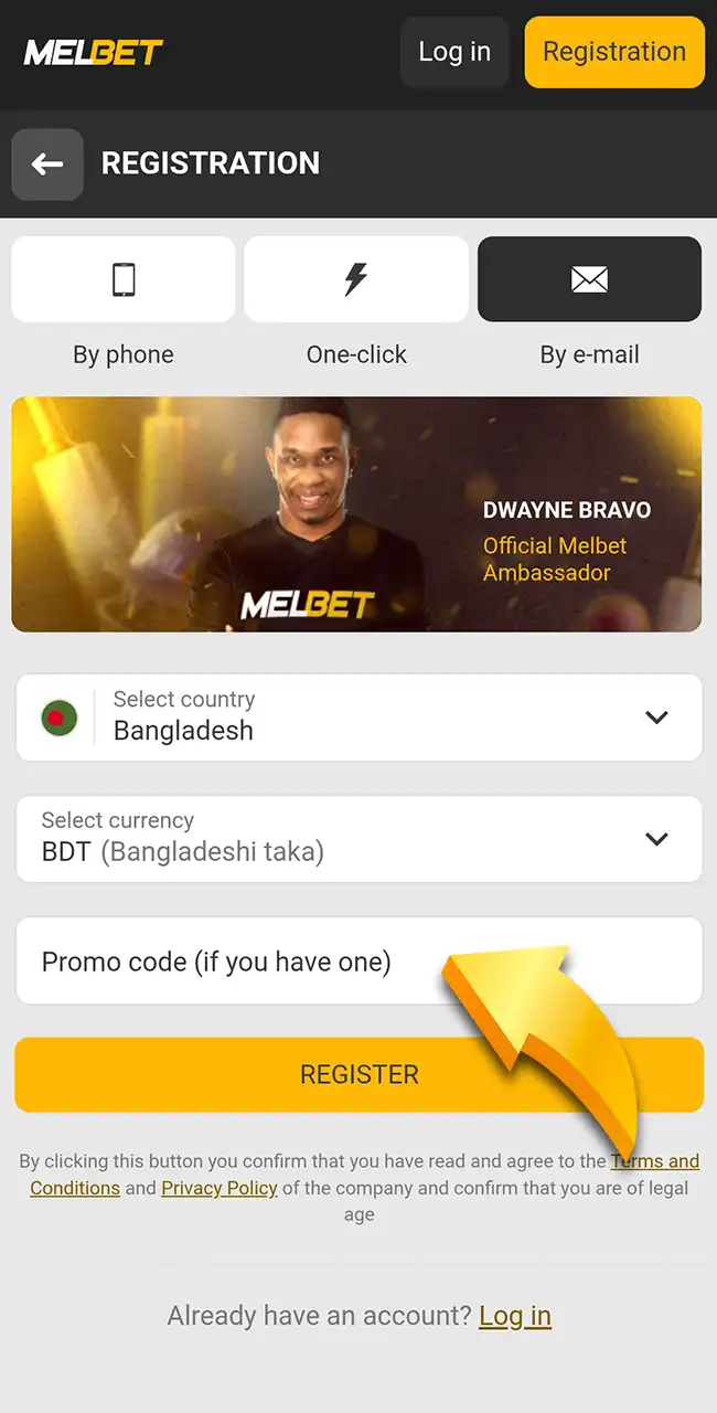 Enter code on the official Melbet website.
