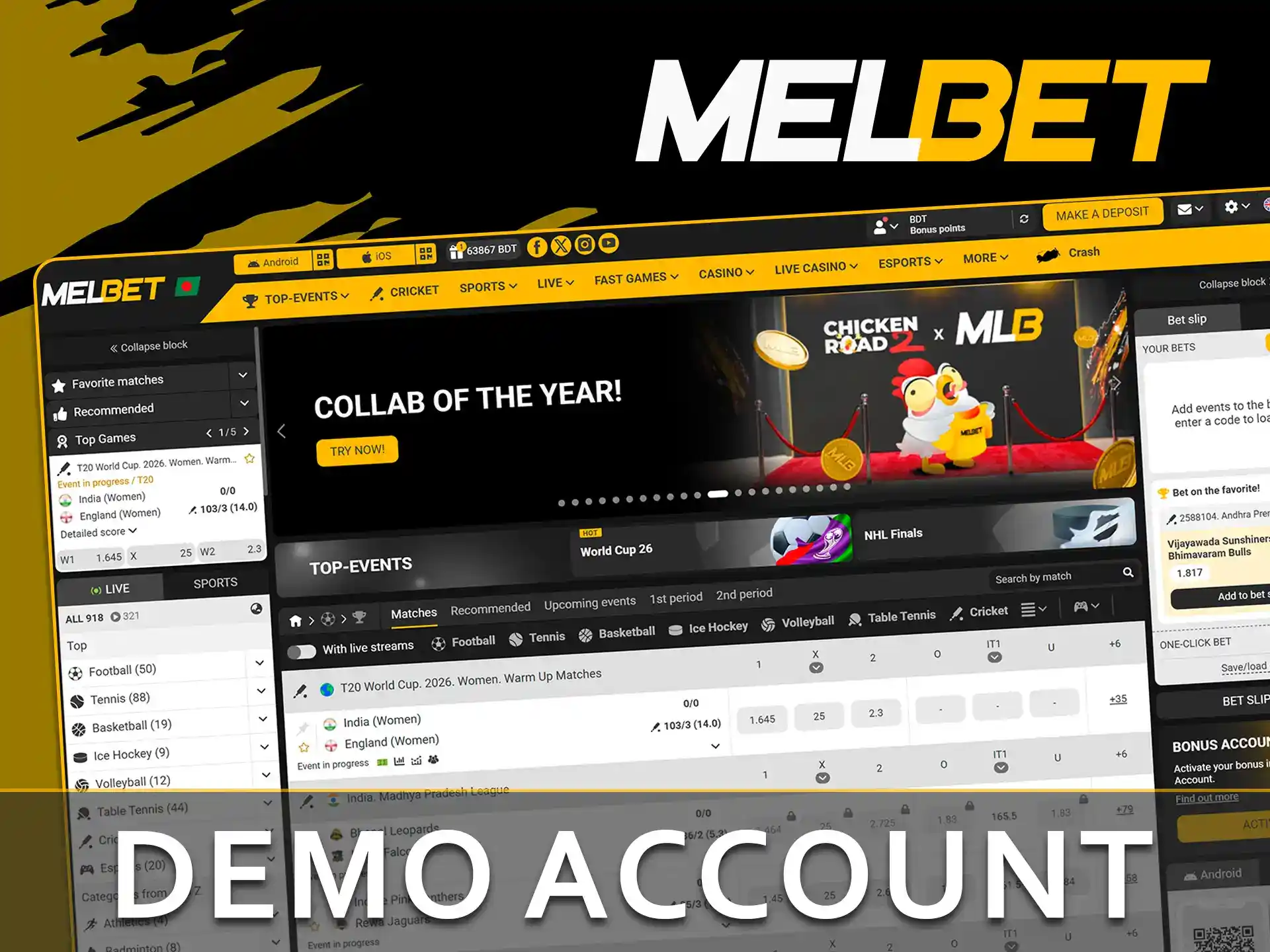 Try the demo account on the Melbet website.
