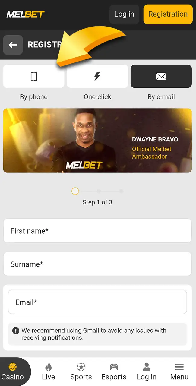 Choose your sign-up method on the Melbet website.