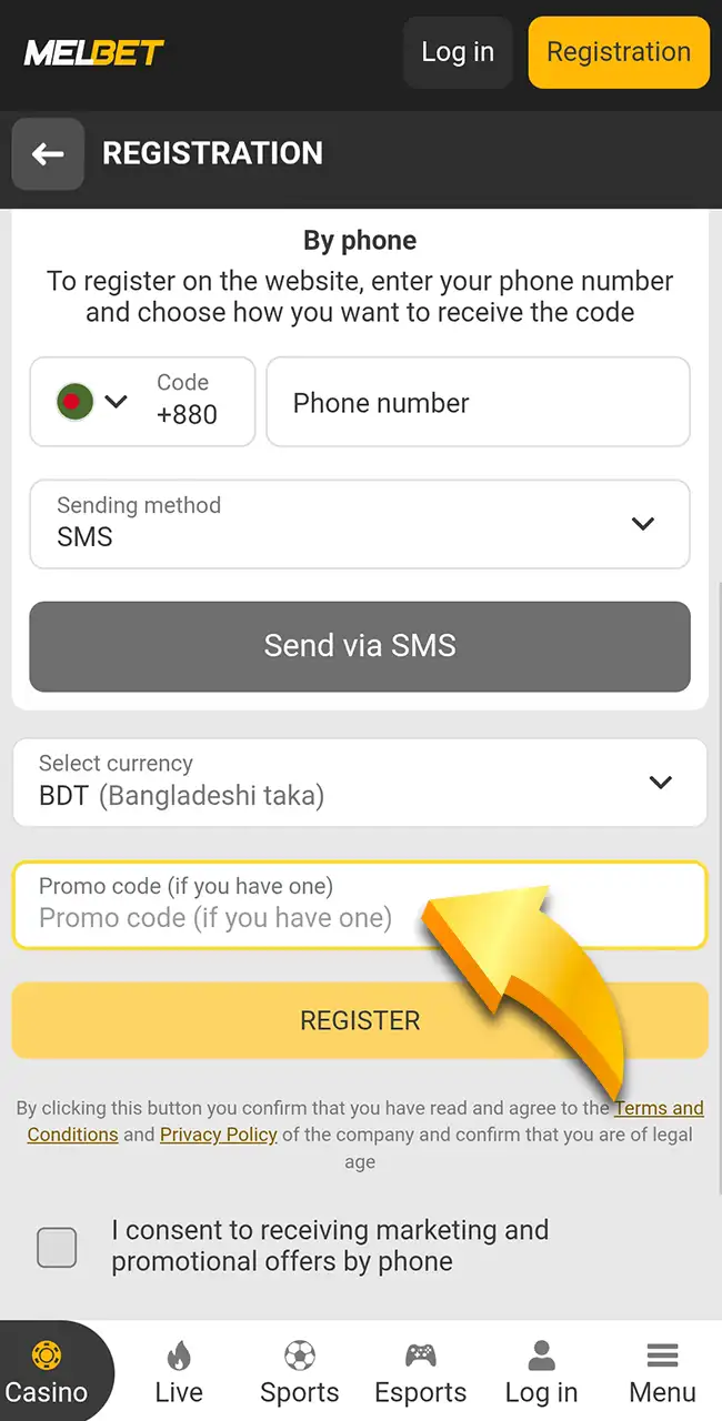 Enter your promo code on the Melbet website.